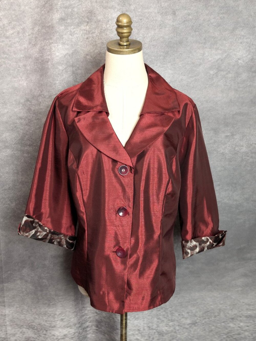 Dana Kay Shimmer Satin Blazer 16 Burgundy Animal Print Cuffs Special Occasion